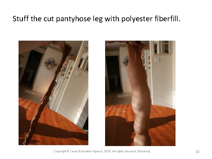 Stuff the cut pantyhose leg with polyester fiberfill. Copyright © Texas Education Agency, 2015.