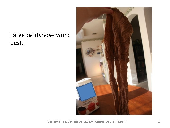 Large pantyhose work best. Copyright © Texas Education Agency, 2015. All rights reserved. (Revised)