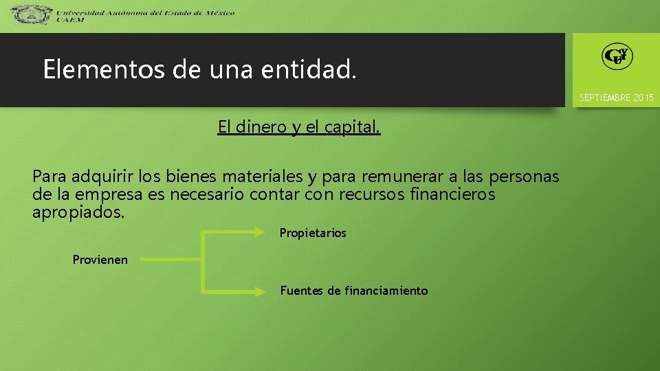 Elementos de una entidad. SEPTIEMBRE 2015 El dinero y el capital. Para adquirir los