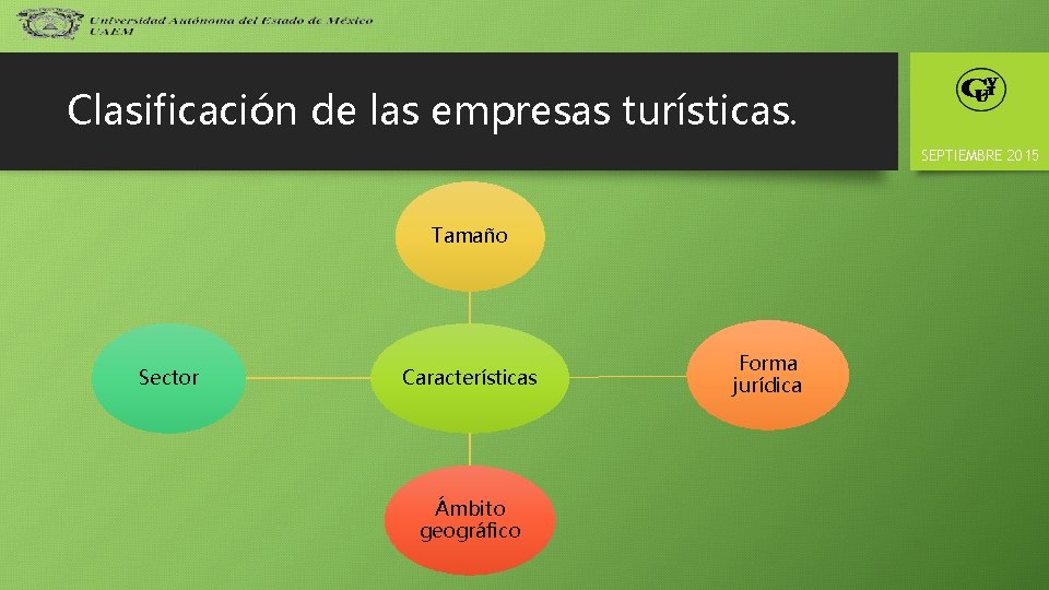 Clasificación de las empresas turísticas. SEPTIEMBRE 2015 Tamaño Sector Características Ámbito geográfico Forma jurídica