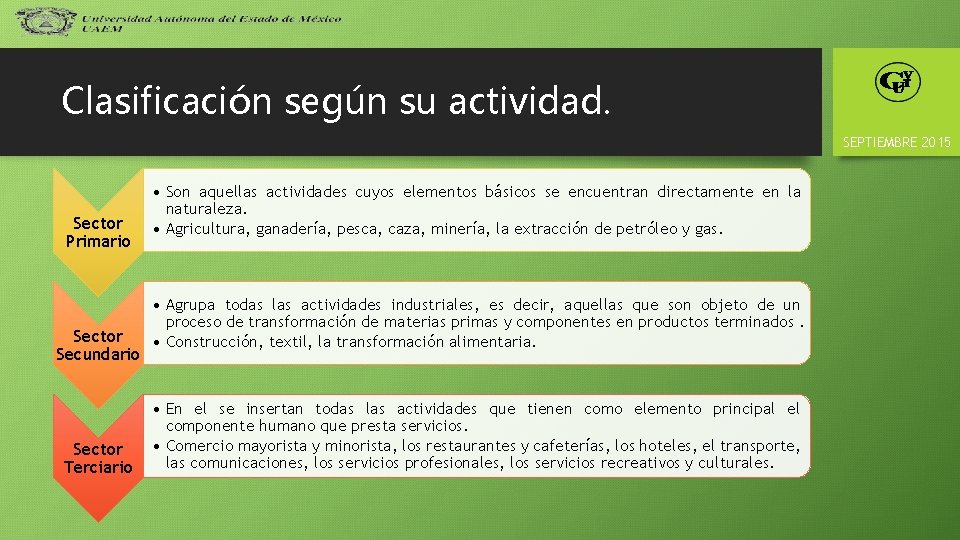 Clasificación según su actividad. SEPTIEMBRE 2015 Sector Primario Sector Secundario Sector Terciario • Son