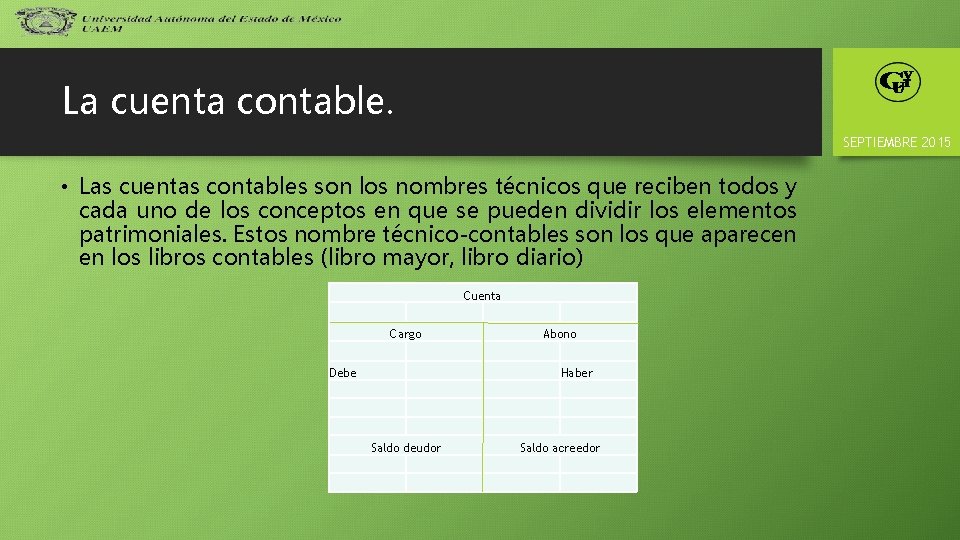 La cuenta contable. SEPTIEMBRE 2015 • Las cuentas contables son los nombres técnicos que