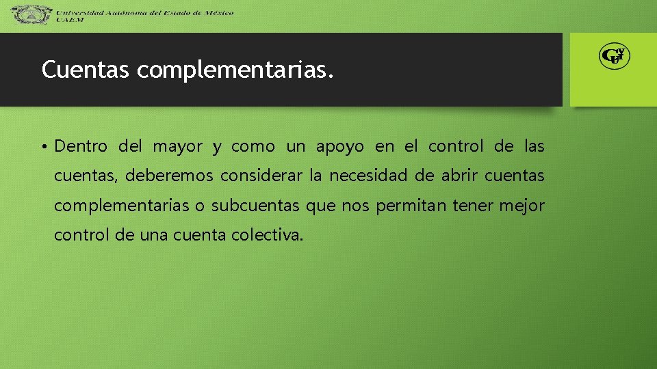 Cuentas complementarias. • Dentro del mayor y como un apoyo en el control de