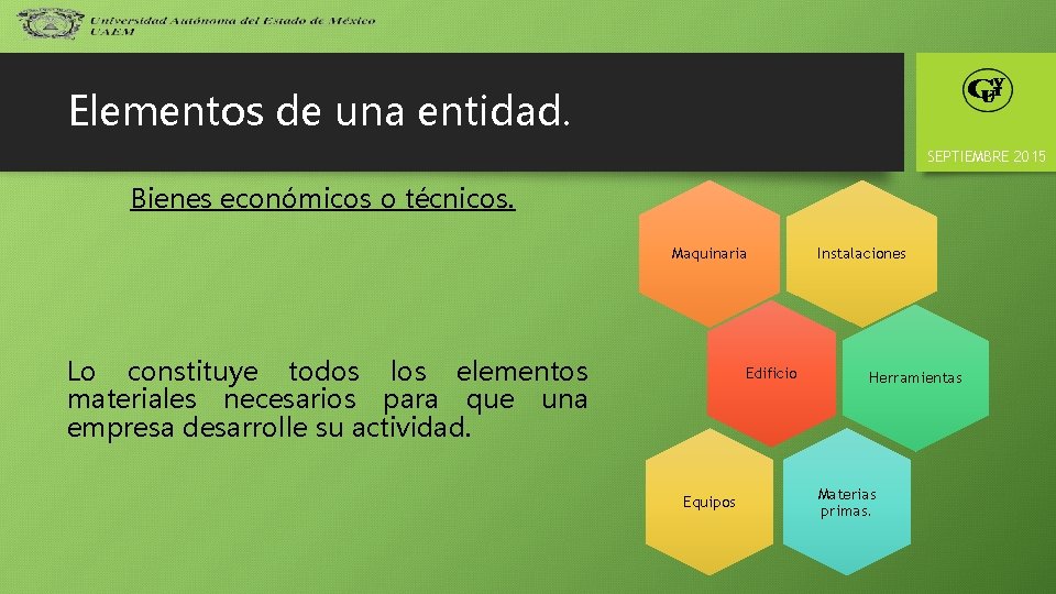 Elementos de una entidad. SEPTIEMBRE 2015 Bienes económicos o técnicos. Maquinaria Lo constituye todos