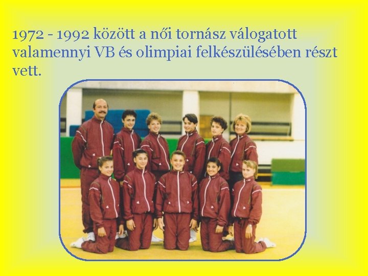 1972 - 1992 között a női tornász válogatott valamennyi VB és olimpiai felkészülésében részt