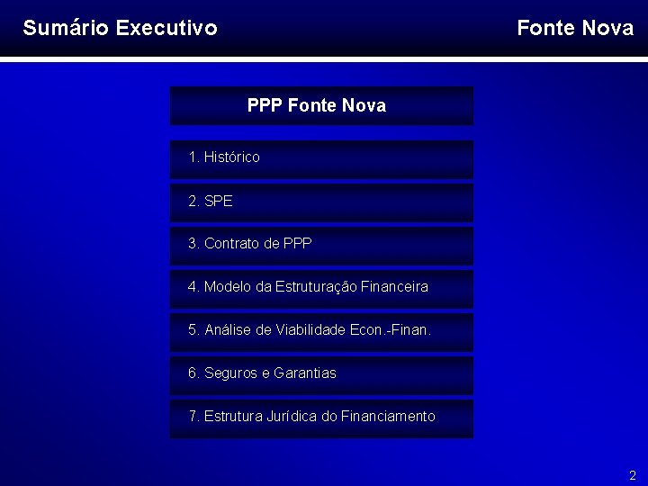 Sumário Executivo Fonte Nova PPP Fonte Nova 1. Histórico 2. SPE 3. Contrato de