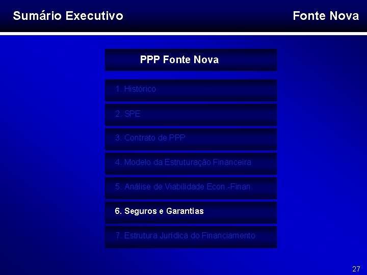 Sumário Executivo Fonte Nova PPP Fonte Nova 1. Histórico 2. SPE 3. Contrato de