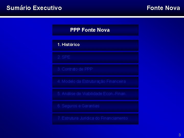 Sumário Executivo Fonte Nova PPP Fonte Nova 1. Histórico 2. SPE 3. Contrato de