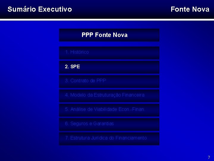Sumário Executivo Fonte Nova PPP Fonte Nova 1. Histórico 2. SPE 3. Contrato de
