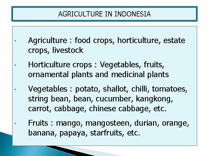 AGRICULTURE IN INDONESIA • • Agriculture : food crops, horticulture, estate crops, livestock Horticulture