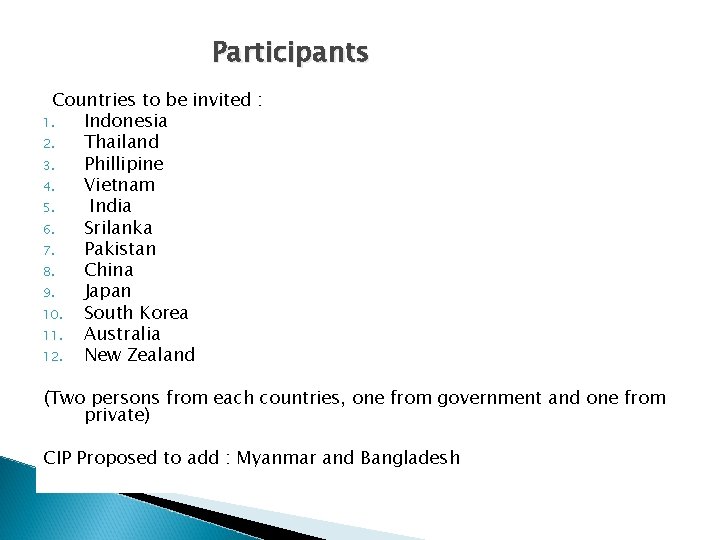 Participants Countries to be invited : 1. Indonesia 2. Thailand 3. Phillipine 4. Vietnam