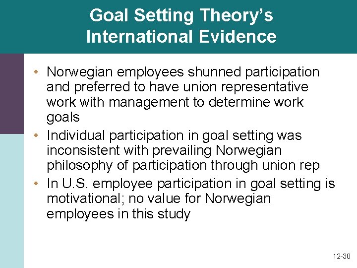 Goal Setting Theory’s International Evidence • Norwegian employees shunned participation and preferred to have