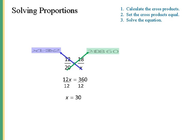 Solving Proportions 1. Calculate the cross products. 2. Set the cross products equal. 3.