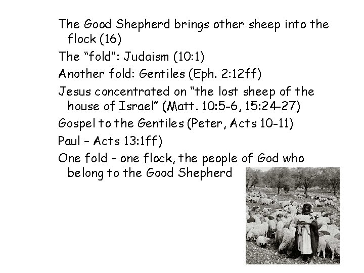 The Good Shepherd brings other sheep into the flock (16) The “fold”: Judaism (10: