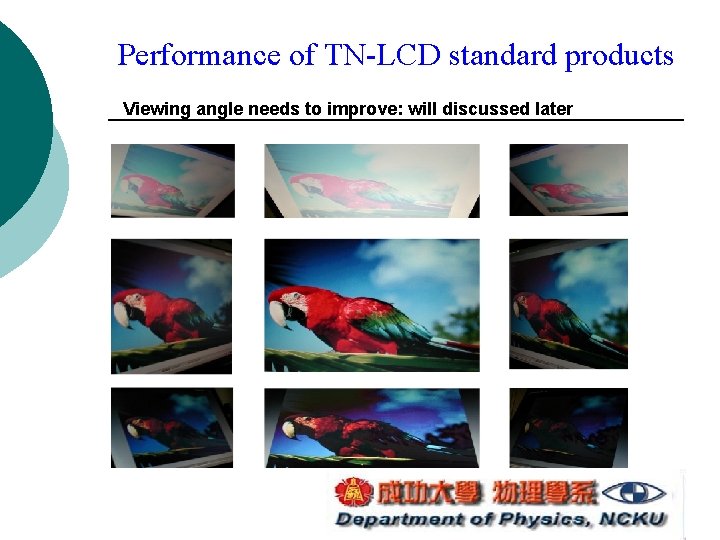 Performance of TN-LCD standard products Viewing angle needs to improve: will discussed later Performance of TN-LCD standard products Viewing angle needs to improve: will discussed later