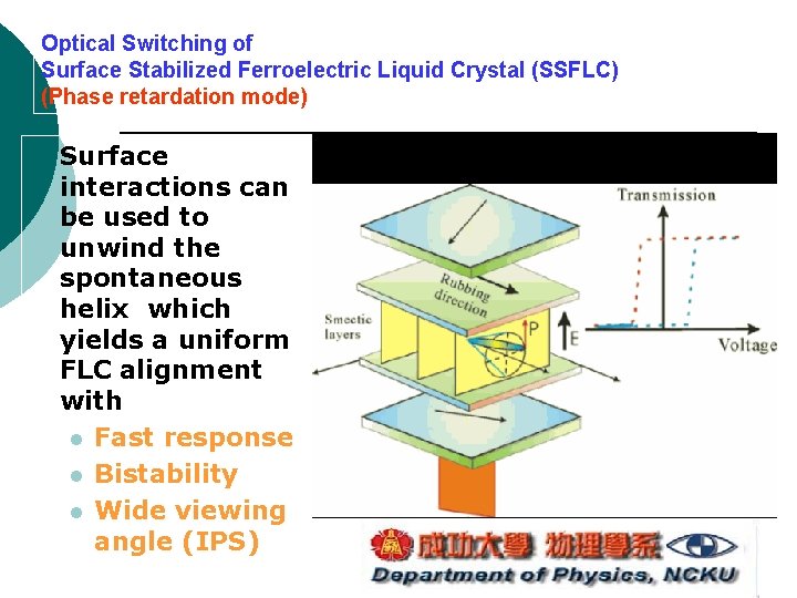 Optical Switching of Surface Stabilized Ferroelectric Liquid Crystal (SSFLC) (Phase retardation mode) ¡ Surface Optical Switching of Surface Stabilized Ferroelectric Liquid Crystal (SSFLC) (Phase retardation mode) ¡ Surface