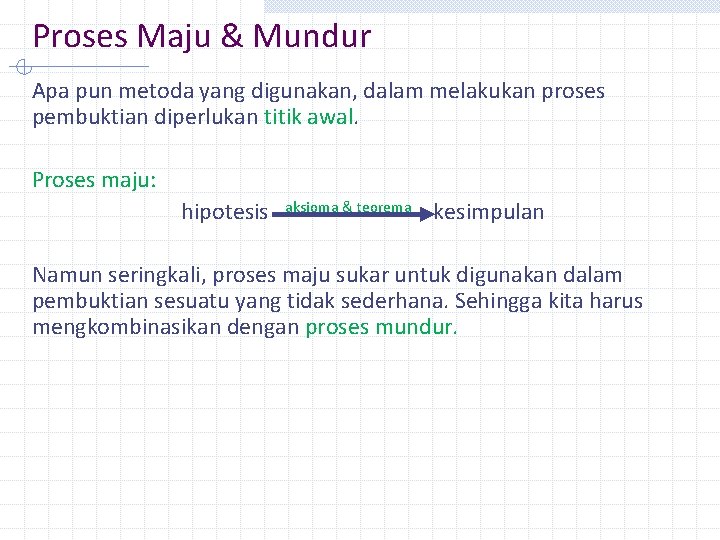 Proses Maju & Mundur Apa pun metoda yang digunakan, dalam melakukan proses pembuktian diperlukan