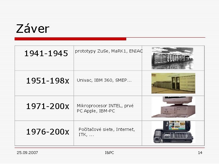 Záver 1941 -1945 1951 -198 x prototypy Zu. Se, Ma. RK 1, ENIAC Univac,