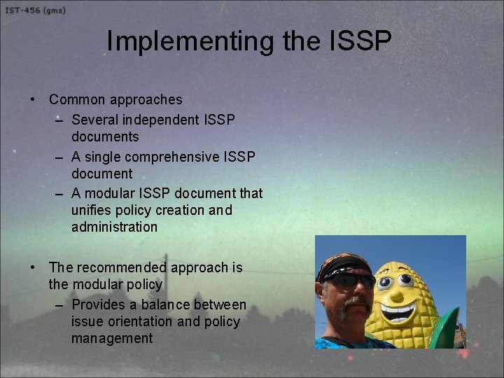 Implementing the ISSP • Common approaches – Several independent ISSP documents – A single