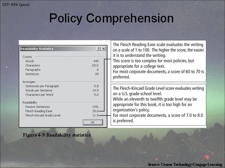 Policy Comprehension Figure 4 -9 Readability statistics Source: Course Technology/Cengage Learning 