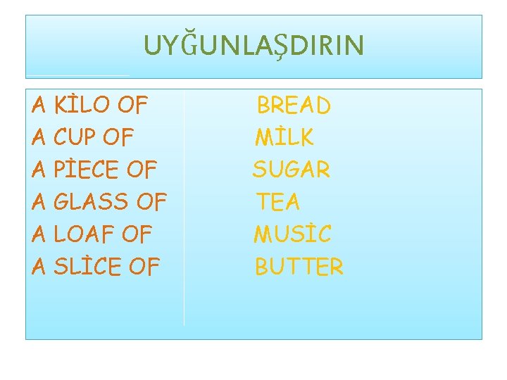 UYĞUNLAŞDIRIN A KİLO OF A CUP OF A PİECE OF A GLASS OF A