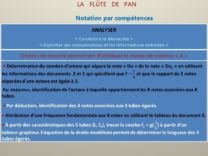  LA FLÛTE DE PAN Notation par compétences ANALYSER « Construire la démarche »