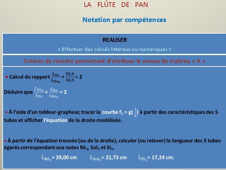  LA FLÛTE DE PAN Notation par compétences REALISER « Effectuer des calculs littéraux