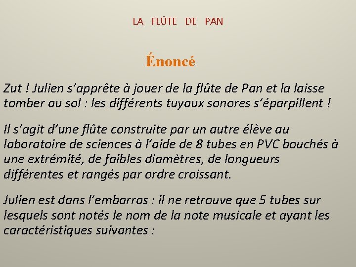 LA FLÛTE DE PAN Énoncé Zut ! Julien s’apprête à jouer de la flûte