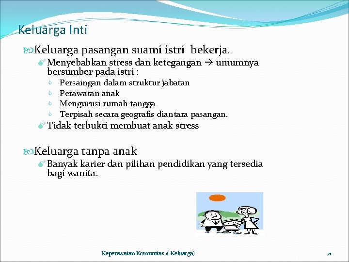 Keluarga Inti Keluarga pasangan suami istri bekerja. MMenyebabkan stress dan ketegangan umumnya bersumber pada