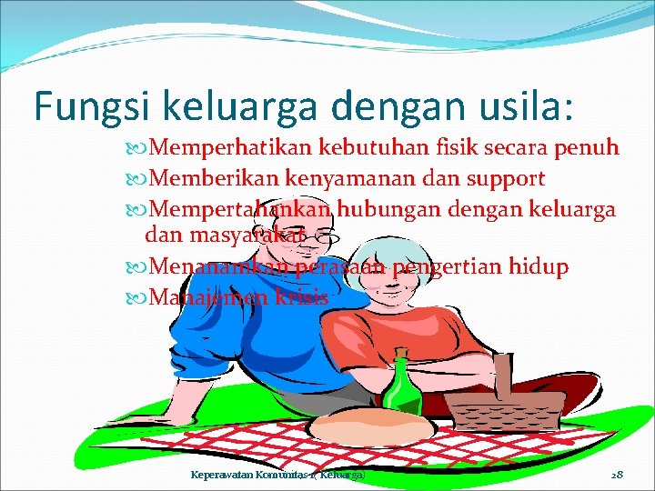 Fungsi keluarga dengan usila: Memperhatikan kebutuhan fisik secara penuh Memberikan kenyamanan dan support Mempertahankan