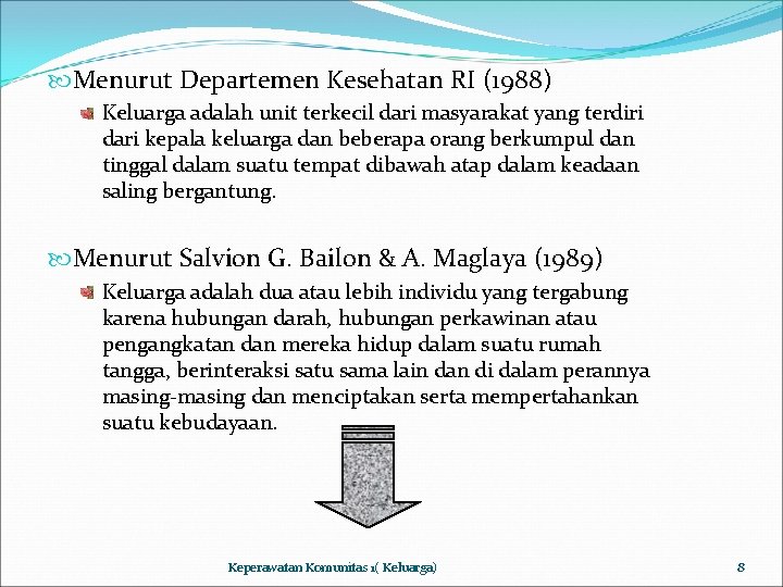  Menurut Departemen Kesehatan RI (1988) Keluarga adalah unit terkecil dari masyarakat yang terdiri