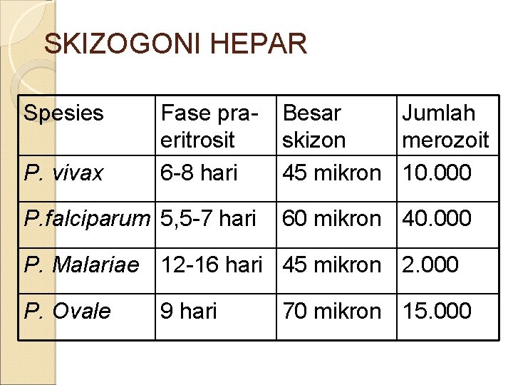 SKIZOGONI HEPAR Spesies P. vivax Fase praeritrosit 6 -8 hari P. falciparum 5, 5