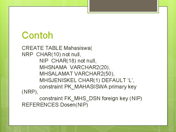 Contoh CREATE TABLE Mahasiswa( NRP CHAR(10) not null, NIP CHAR(18) not null, MHSNAMA VARCHAR Contoh CREATE TABLE Mahasiswa( NRP CHAR(10) not null, NIP CHAR(18) not null, MHSNAMA VARCHAR
