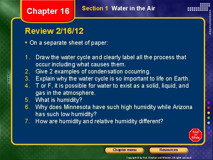 Chapter 16 Section 1 Water in the Air Review 2/16/12 • On a separate