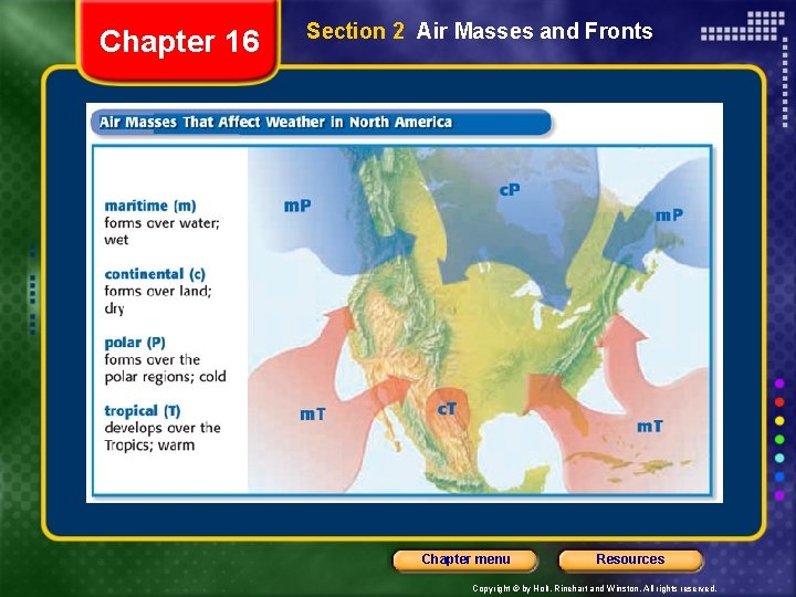 Chapter 16 Section 2 Air Masses and Fronts Chapter menu Resources Copyright © by