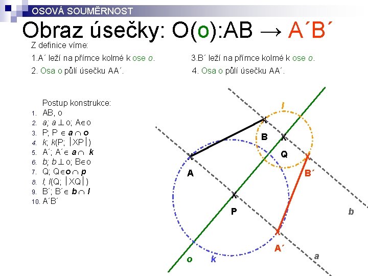 OSOVÁ SOUMĚRNOST Obraz úsečky: O(o): AB → A´B´ Z definice víme: 1. A´ leží