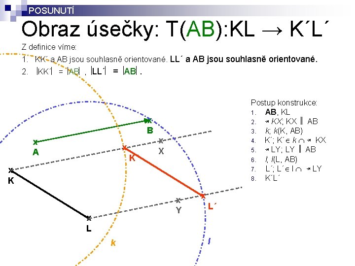 POSUNUTÍ Obraz úsečky: T(AB): KL → K´L´ Z definice víme: 1. KK´ a AB