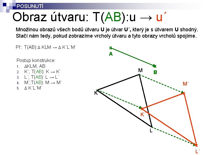 POSUNUTÍ Obraz útvaru: T(AB): u → u´ Množinou obrazů všech bodů útvaru U je