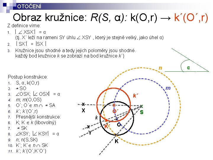 OTOČENÍ Obraz kružnice: R(S, α): k(O, r) → k´(O´, r) Z definice víme: 1.