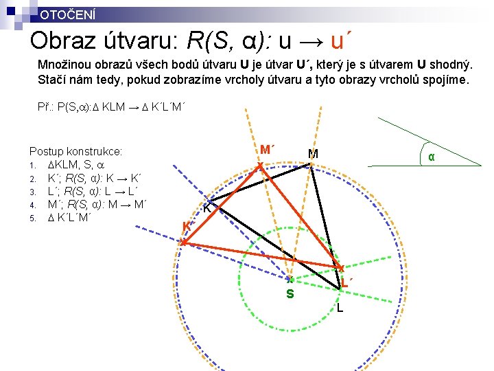 OTOČENÍ Obraz útvaru: R(S, α): u → u´ Množinou obrazů všech bodů útvaru U