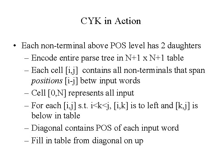 CYK in Action • Each non-terminal above POS level has 2 daughters – Encode