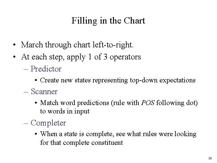 Filling in the Chart • March through chart left-to-right. • At each step, apply