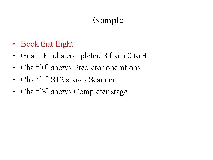 Example • • • Book that flight Goal: Find a completed S from 0