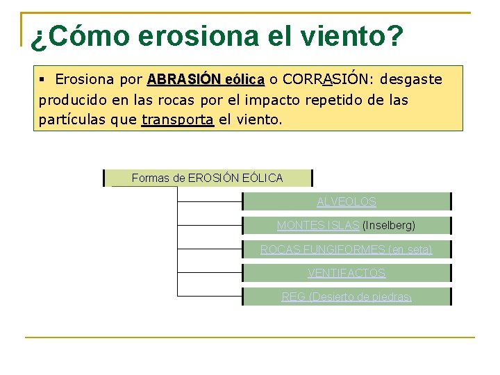 ¿Cómo erosiona el viento? Erosiona por ABRASIÓN eólica o CORRASIÓN: desgaste producido en las