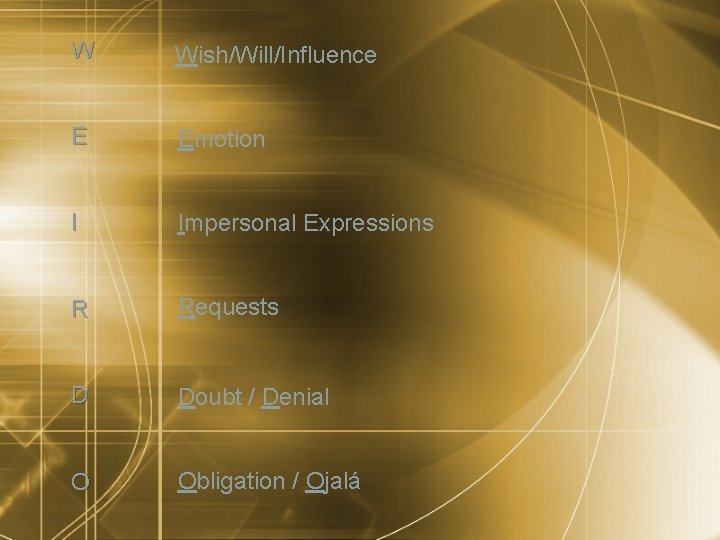 W Wish/Will/Influence E Emotion I Impersonal Expressions R Requests D Doubt / Denial O