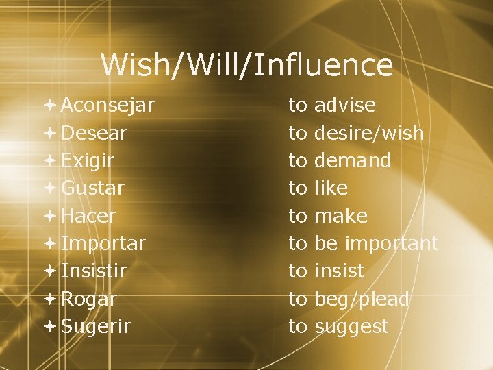 Wish/Will/Influence Aconsejar Desear Exigir Gustar Hacer Importar Insistir Rogar Sugerir to to to advise