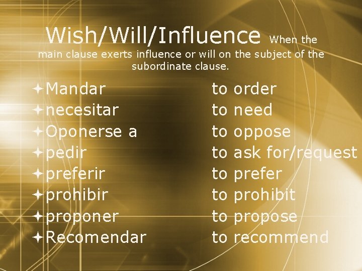 Wish/Will/Influence When the main clause exerts influence or will on the subject of the