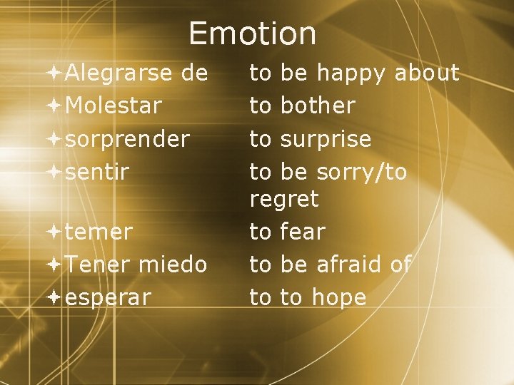 Emotion Alegrarse de Molestar sorprender sentir temer Tener miedo esperar to be happy about