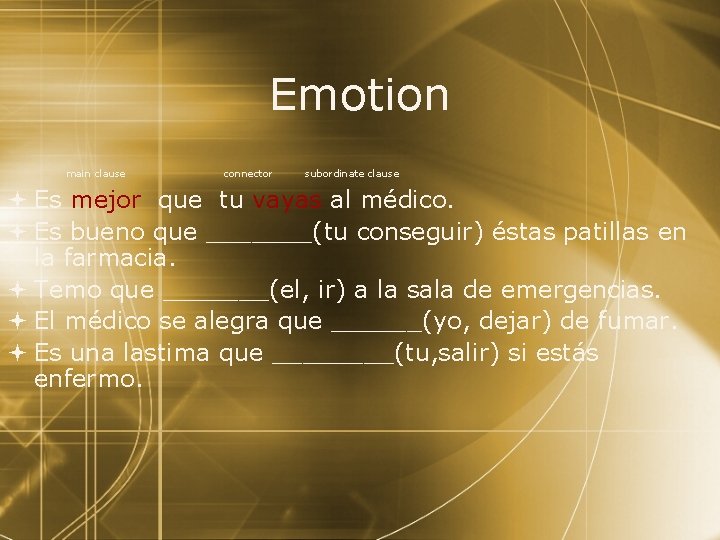 Emotion main clause connector subordinate clause Es mejor que tu vayas al médico. Es