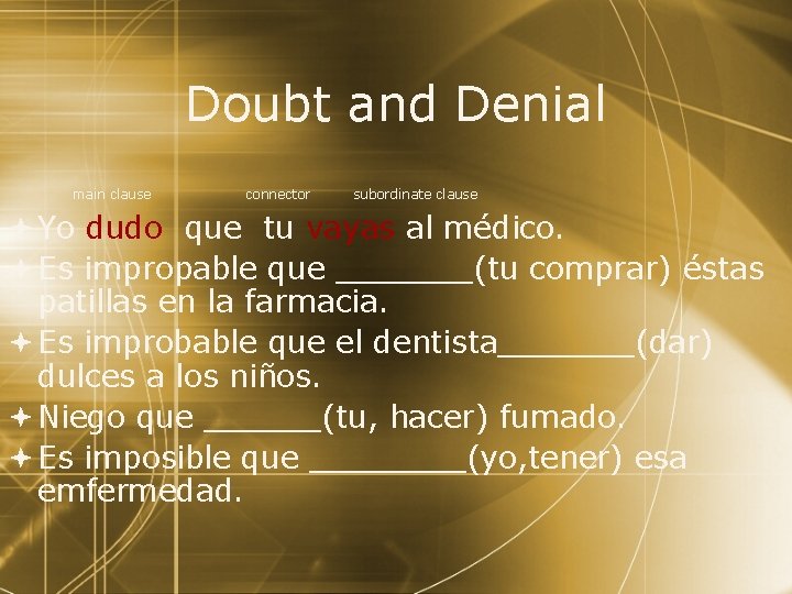 Doubt and Denial main clause connector subordinate clause Yo dudo que tu vayas al